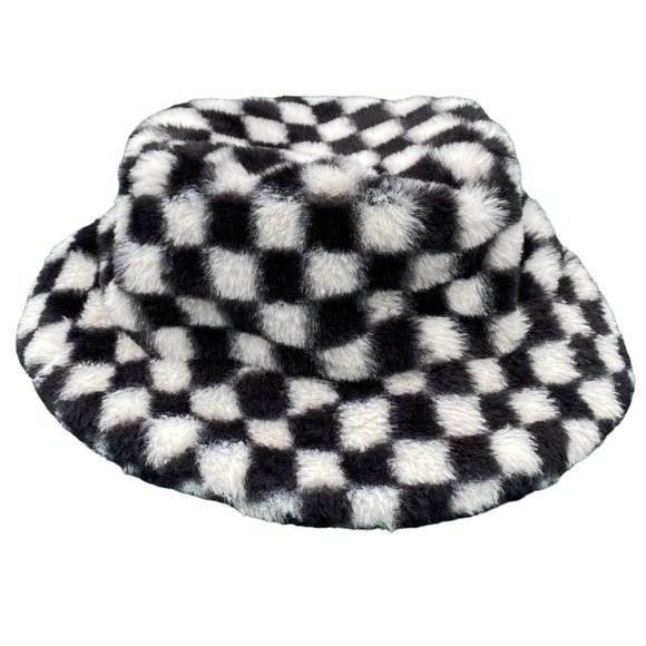 Urban Outfitters Y2K Checkerboard Faux Fur Bucket Hat Grunge Streetwear Celeb - Picture 1 of 8